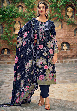 Digital Printed Pashmina Silk Pakistani Suit in Navy Blue