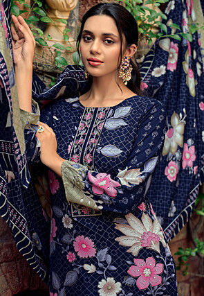 Digital Printed Pashmina Silk Pakistani Suit in Navy Blue