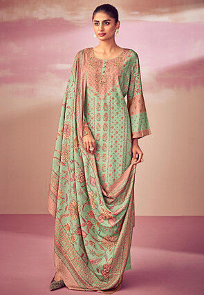 Digital Printed Pashmina Silk Pakistani Suit in Pastel Green
