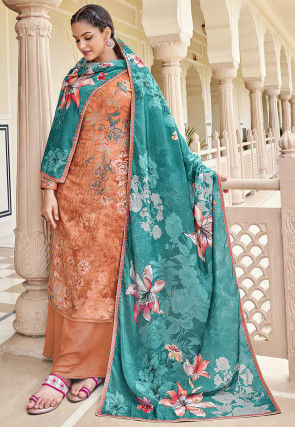 Digital Printed Pashmina Silk Pakistani Suit in Peach