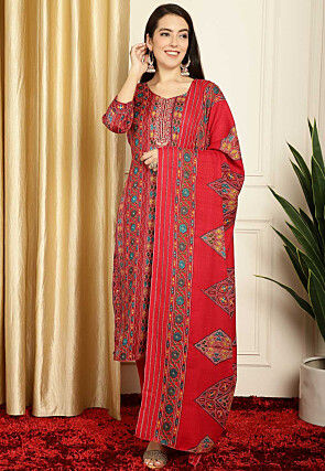 Digital Printed Pashmina Silk Pakistani Suit in Red