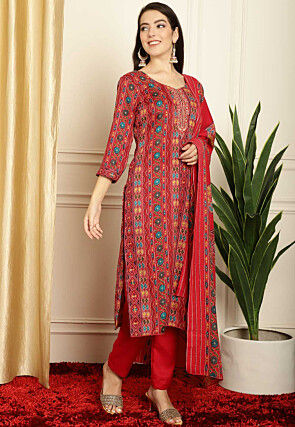 Digital Printed Pashmina Silk Pakistani Suit in Red