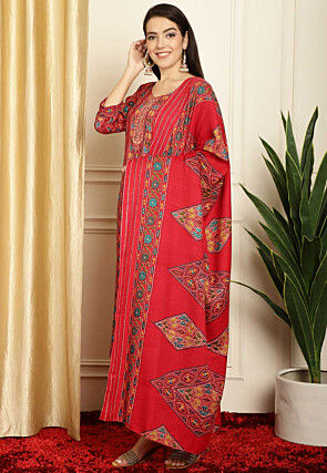 Digital Printed Pashmina Silk Pakistani Suit in Red