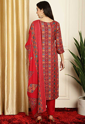 Digital Printed Pashmina Silk Pakistani Suit in Red