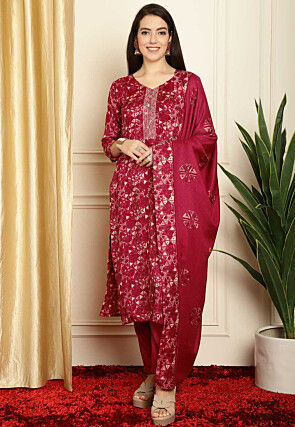 Digital Printed Pashmina Silk Pakistani Suit in Red