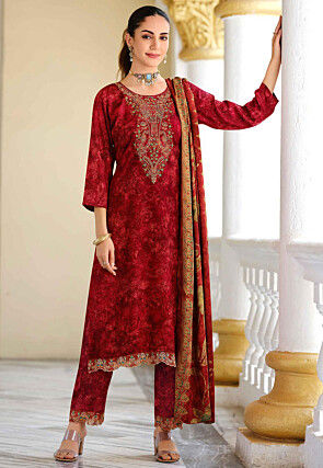 Digital Printed Pashmina Silk Pakistani Suit in Red