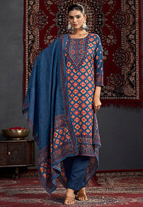 Digital Printed Pashmina Silk Pakistani Suit in Teal Blue