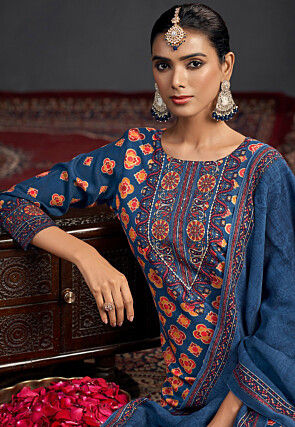 Digital Printed Pashmina Silk Pakistani Suit in Teal Blue