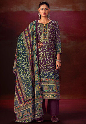 Digital Printed Pashmina Silk Pakistani Suit in Wine