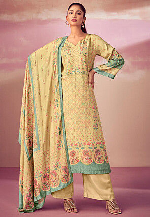 Digital Printed Pashmina Silk Pakistani Suit in Yellow