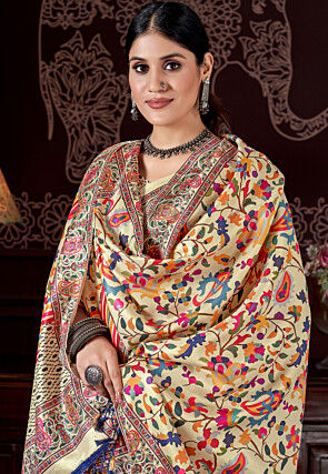 Digital Printed Pashmina Silk Saree in Beige
