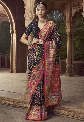 Digital Printed Pashmina Silk Saree in Black
