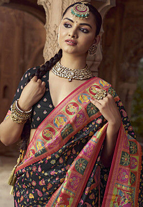 Digital Printed Pashmina Silk Saree in Black
