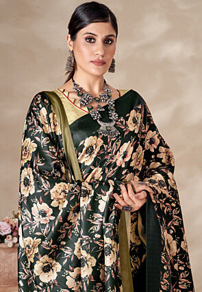 Digital Printed Pashmina Silk Saree in Dark Grey
