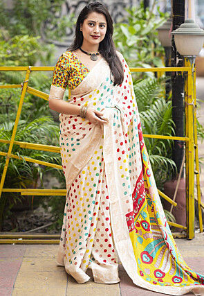 Digital Printed Pashmina Silk Saree in Cream