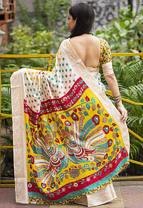 Digital Printed Pashmina Silk Saree in Cream