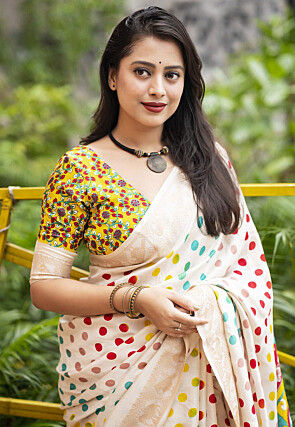 Digital Printed Pashmina Silk Saree in Cream