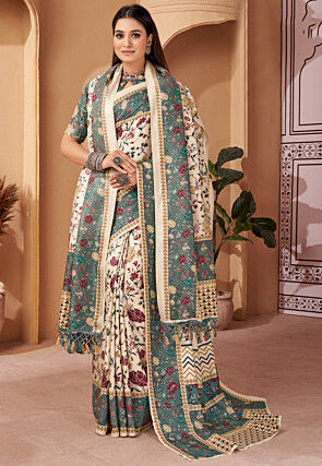 Digital Printed Pashmina Silk Saree in Cream
