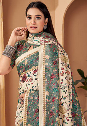 Digital Printed Pashmina Silk Saree in Cream