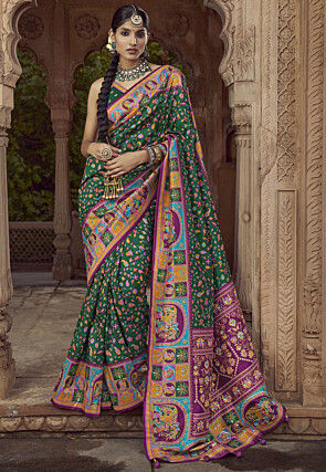 Digital Printed Pashmina Silk Saree in Dark Green
