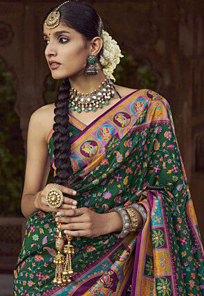 Digital Printed Pashmina Silk Saree in Dark Green