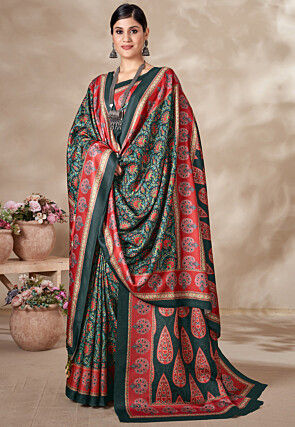 Digital Printed Pashmina Silk Saree in Olive Green