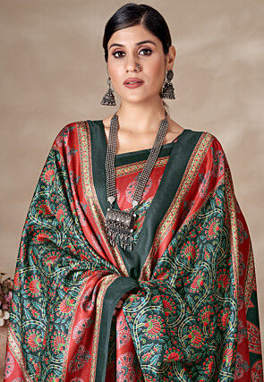 Digital Printed Pashmina Silk Saree in Olive Green