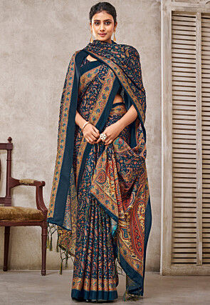 Digital Printed Pashmina Silk Saree in Navy Blue