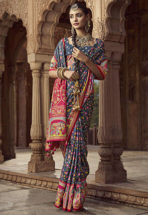 Digital Printed Pashmina Silk Saree in Navy Blue