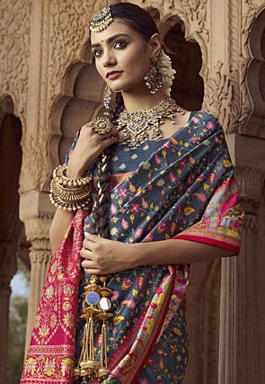 Digital Printed Pashmina Silk Saree in Navy Blue