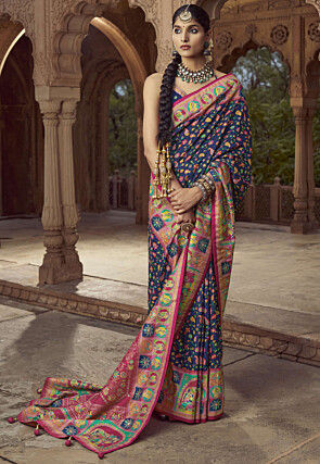 Digital Printed Pashmina Silk Saree in Navy Blue