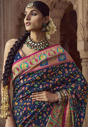Digital Printed Pashmina Silk Saree in Navy Blue