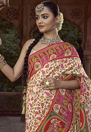 Digital Printed Pashmina Silk Saree in Off White