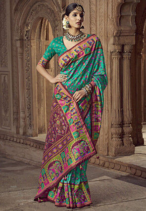 Digital Printed Pashmina Silk Saree in Teal Green