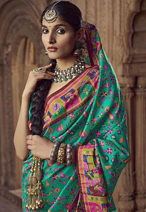 Digital Printed Pashmina Silk Saree in Teal Green