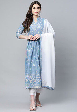 Digital Printed Poly Cotton Anarkali Suit in Blue