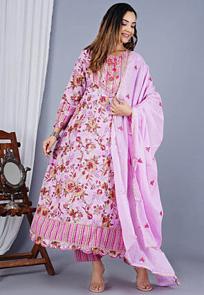 Digital Printed Cotton Anarkali Suit in Pink