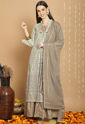 Digital Printed Poly Cotton Lehenga in Grey