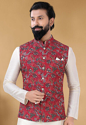 Digital Printed Cotton Nehru Jacket in Red