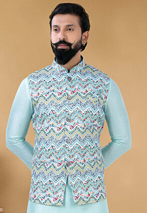 Digital Printed Cotton Nehru Jacket in Sky Blue