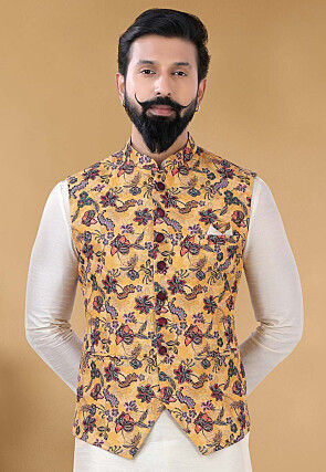 Digital Printed Cotton Nehru Jacket in Yellow