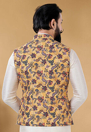 Digital Printed Cotton Nehru Jacket in Yellow