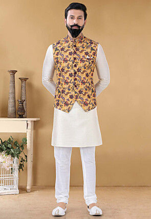 Digital Printed Cotton Nehru Jacket in Yellow