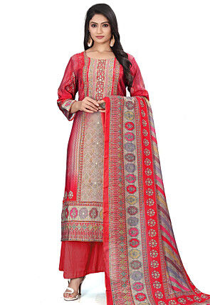 Digital Printed Cotton Pakistani Suit in Beige and Red