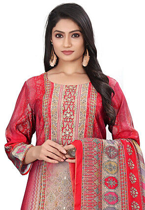 Digital Printed Cotton Pakistani Suit in Beige and Red