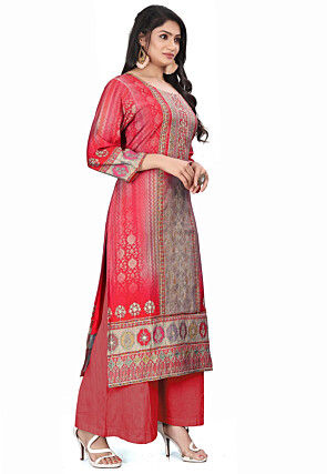 Digital Printed Cotton Pakistani Suit in Beige and Red