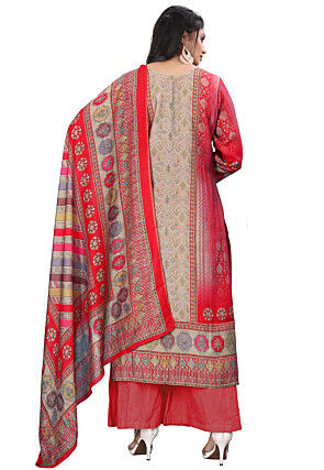 Digital Printed Cotton Pakistani Suit in Beige and Red