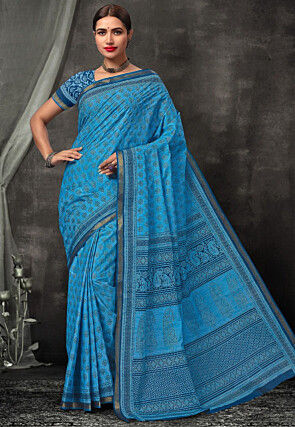 Digital Printed Cotton Saree in Blue