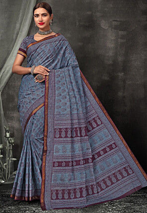Digital Printed  Cotton Saree in Blue