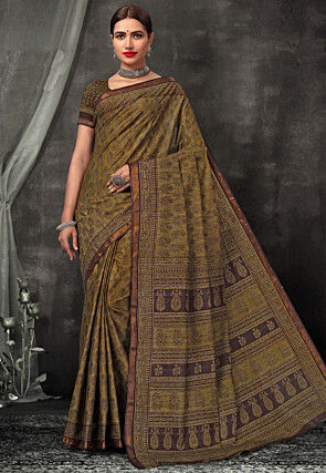 Digital Printed Cotton Saree in Dark Olive Green